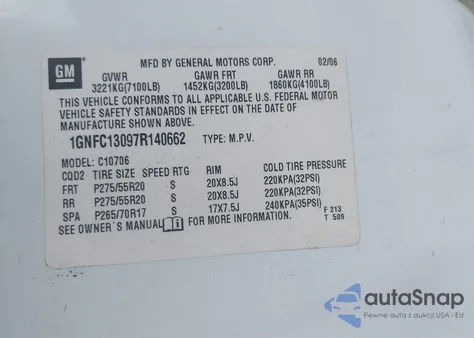 2007 Chevrolet Tahoe Lt из США, поврежденный, VIN 1GNFC13097R140662